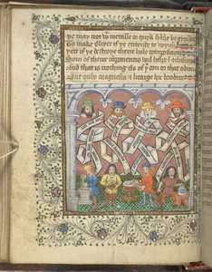 Two men with pestle and mortars, a man holding a gold urn next to a fire, and a man stirring a pot, from 