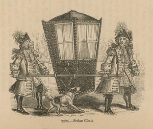 Two uniformed men carrying a Sedan Chair by English School