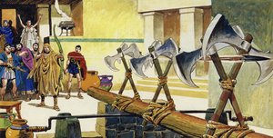 Ulysses strung the bow and sent an arrow through the narrow spaces between the axe heads by English School