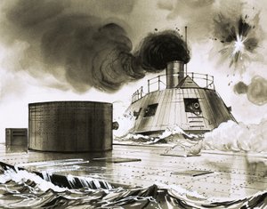 Unidentified battle scene with early submarine by English School
