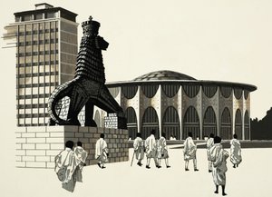 Unidentified City Scene with Strange Statue by English School