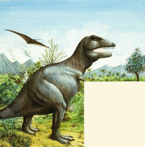 Unidentified dinosaur scene with T Rex and Pterodactyl by English School