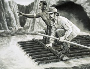 Unidentified man and native on raft