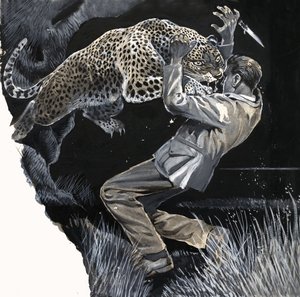 Unidentified man being attacked by a leopard by English School