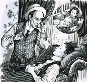 Unidentified Man with Girl Sleeping on Couch by English School