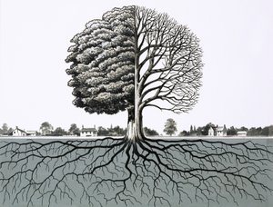 Unidentified Tree, Showing Half Without Leaves and Root System by English School