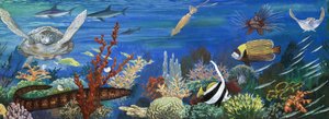 Unidentified undersea creatures including colourful fish and turtle by English School