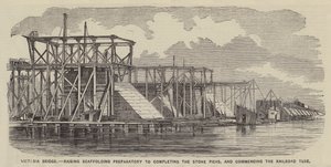Victoria Bridge, Raising Scaffolding Preparatory to Completing the Stone Piers, and Commencing the Railroad Tube by English School