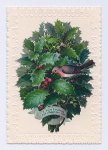 Victorian Christmas and New Year Card of a Robin in a Bouquet of Holly Leaves, c.1880 by English School