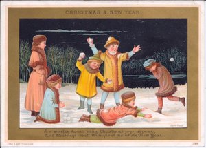 Victorian Christmas and New Year Card of Children Playing in the Snow and Throwing Snowballs, c.1880 by English School