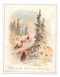 Victorian Christmas Card of a Man and Two Horses Crossing a Bridge, c.1880