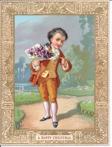 Victorian Christmas Card of a Young Boy Dressed in Victorian Clothes Holding a Bouquet of Flowers, c.1880 by English School
