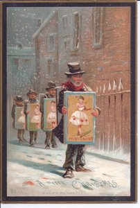 Victorian Christmas Card of Four Men Walking in the Snow Carrying Boards Advertising a Pantomime, c.1880 by English School