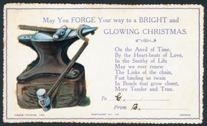 Victorian Christmas card with anvil and hammer by English School