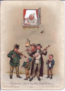 Victorian New Year Card of a Man in a Nightgown Preparing to Pour a Jug of Water on Some Street Musicians Below, c.1880