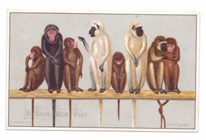 Victorian New Year Card with Eight Monkeys on a Ledge, c.1880 by English School