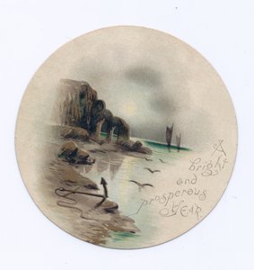 Victorian Circular New Year Card of a Seascape with Two Yachts on a Moonlit Night, c.1880 by English School