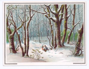 Victorian Greeting Card of Two Children Gathering Branches in the Snow, c.1880 by English School