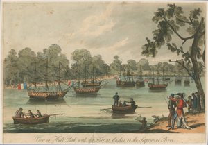 View in Hyde Park with the Fleet at Anchor on the Serpentine River. Naumachia. Peace of 1814 by English School