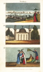 View of Constantinople (Istanbul) in the Early 19th Century, Muslim Mosque with Dome and Minarets, and Young Greek Women Kissing Each Other on the Eyes by English School