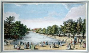 View of Formal Gardens with a Lake, probably the Long Water at Hampton Court