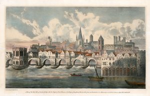View of east side of Old London Bridge from BM Royal MSS by English School
