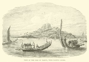 View of the Isle of Tahiti, with Native Canoes by English School