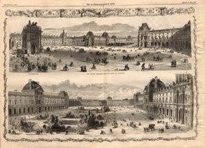 Views of the Cour Carree du Louvre in Paris. Engraving in 