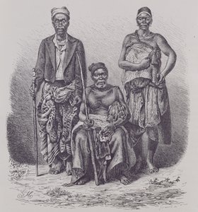 Village chief of the Loango Coast, with wife and dignitary, engraved from a photograph by Dr. Falkenstein, from 