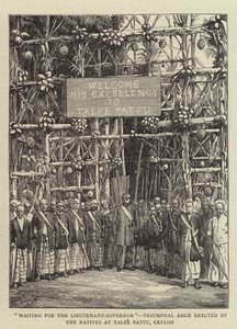 "Waiting for the Lieutenant-Governor", Triumphal Arch erected by the Natives at Talpe Pattu, Ceylon by English School