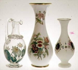 Water jug, decorated with water-lilies in ceramic paint cased with crystal, by Henry G. Richardson, mid 19th century; two opal glass vases by Henry G. Richardson, late 19th century; opal glass vase with enamel painting, late 19th century