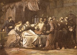 Wicliffe on His Death Bed Assailed by Friars, Engraved by T. Bolton
