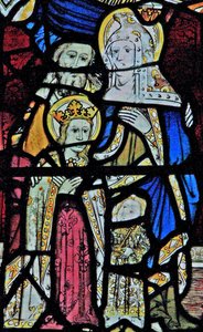 Window Ew depicting St Anne, Joachim, the Virgin Mary and the Christ Child