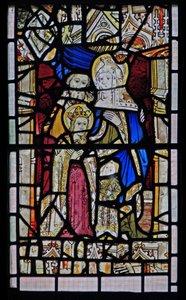 Window Ew depicting St Anne, Joachim, the Virgin Mary and the Christ Child by English School