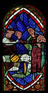 Window depicting a scene from the Prodigal Son story: he receives his inheritance by English School
