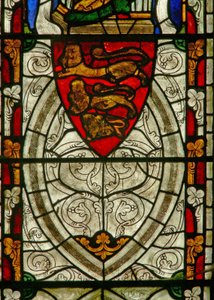 Window Ew depicting arms of England and grisaille