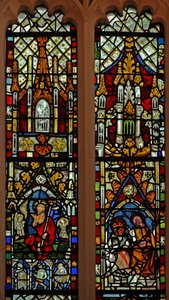Window depicting the Resurrection; the Coronation of the Virgin