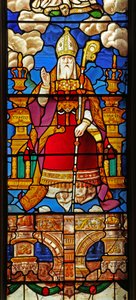 Window 2 depicting St Nicholas: a transformed figure of God the Father originally at the top of a Tree of Jesse still at St Georges Hanover Square by English School
