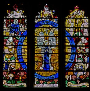 Window depicting the north transept window: the Assumption of the Virgin and other scenes by English School