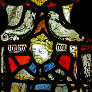 Window depicting a composite figure of a king and an archbishop; grotesques by English School