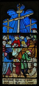 Window depicting a scene from a legend of St Nicholas: the grain ships unload at Myra by English School