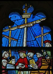 Window depicting a scene from a legend of St Nicholas: the grain ships unload at Myra by English School