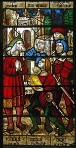 Window depicting a scene from a legend of St Nicholas: thieves return the treasure they stole to the rich man by English School