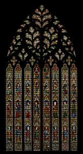 Window Ww depicting archbishops, Apostles, the Annunciation, Nativity, Resurrection, Ascension, Coronation of the Virgin by English School