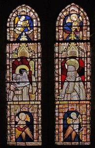 Window Ww depicting four angels, a bishop and a king by English School