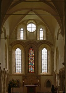 Window depicting a view of the east end of the choir with the Tree of Jesse window by English School