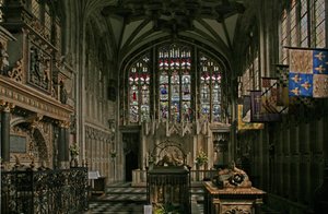 Window depicting the east window of the Beauchamp Chapel