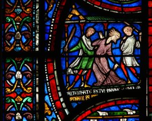 Window n2 depicting a scene from a St Thomas Becket Miracle window: Mad Matilda of Cologne