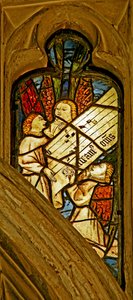 Window depicting the angelic choir with musical score