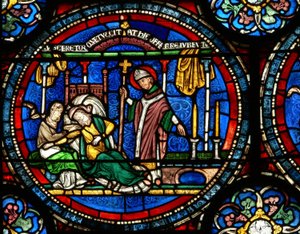 Window n4 depicting a scene from a St Thomas Becket Miracle window: Julia Puintel told to go to the tomb by English School